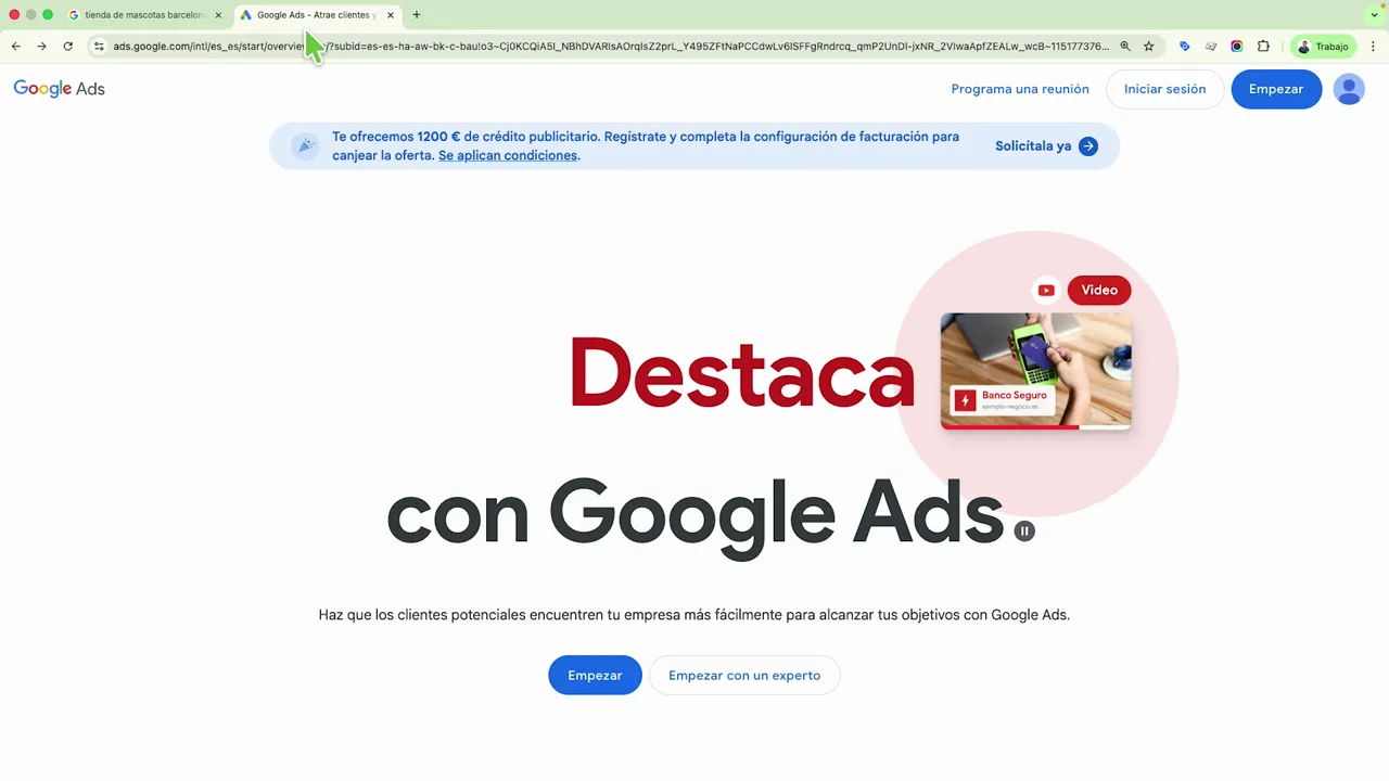 Pantalla de inicio de Google Ads con botón “Empezar”