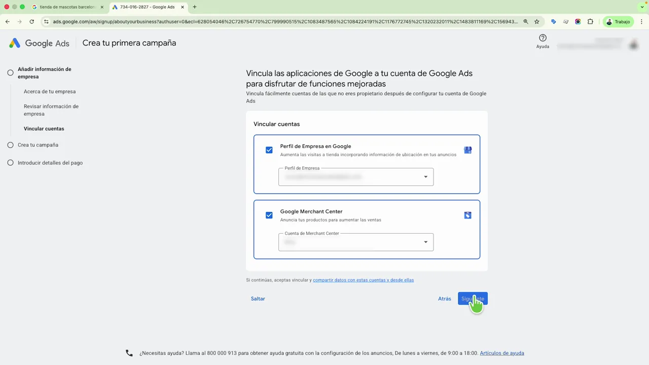 Pantalla de Google Ads para vincular el Perfil de Empresa en Google y Google Merchant Center