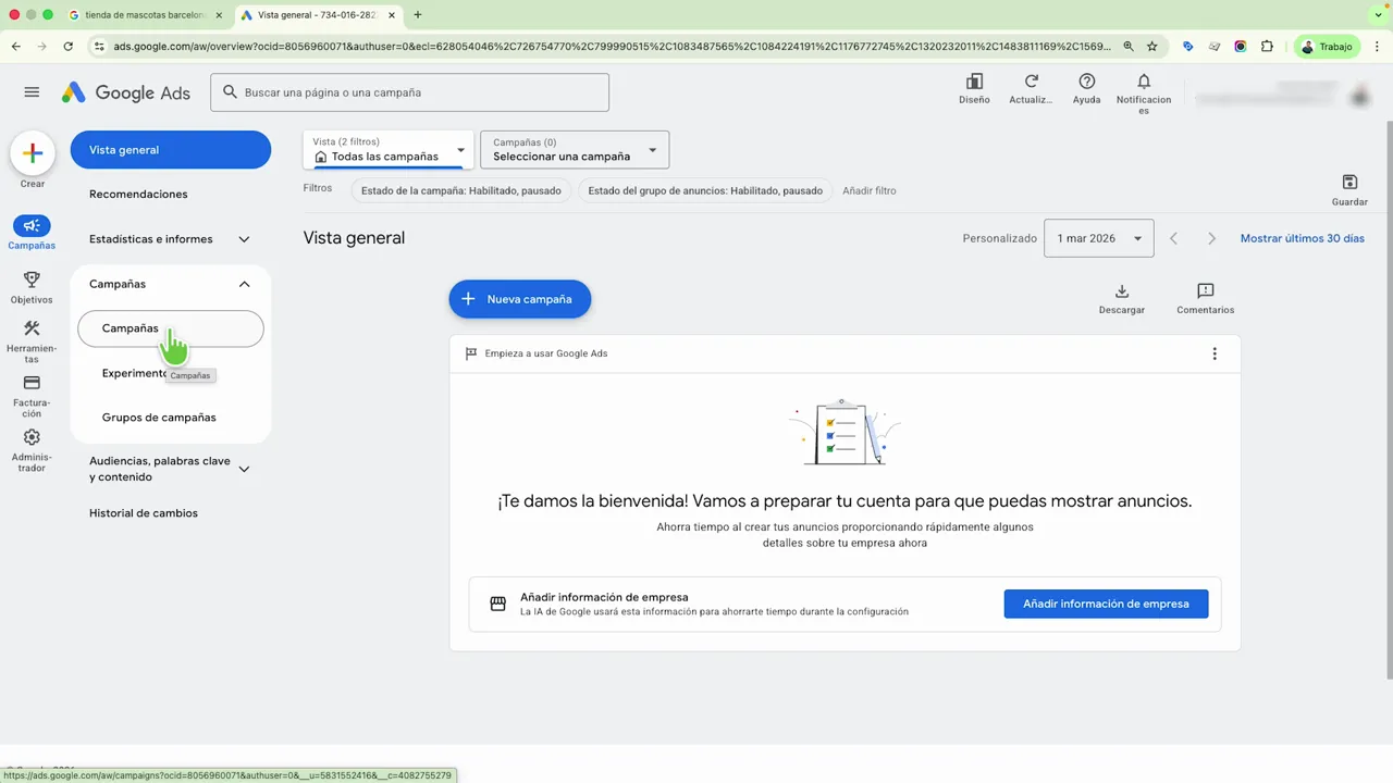 Google Ads mostrando campañas en el menú lateral y la bienvenida para empezar