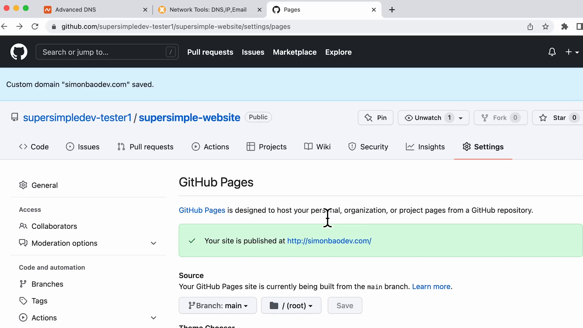 Linking domain name in GitHub Pages