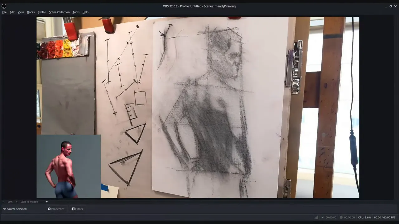 clean charcoal block-in of figure showing broad values, structural lines and measurement marks