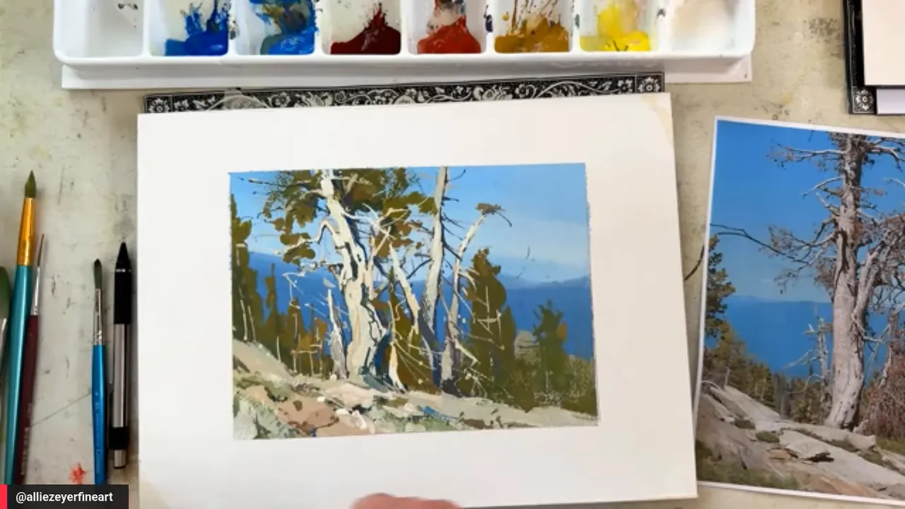 Finished gouache landscape with alpine pine trees rocks and blue mountain background
