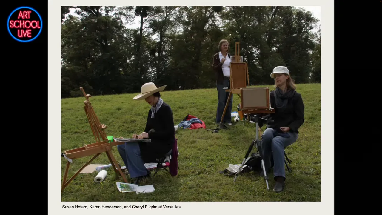 plein air artists using French box easels and pochade boxes on a grassy hillside