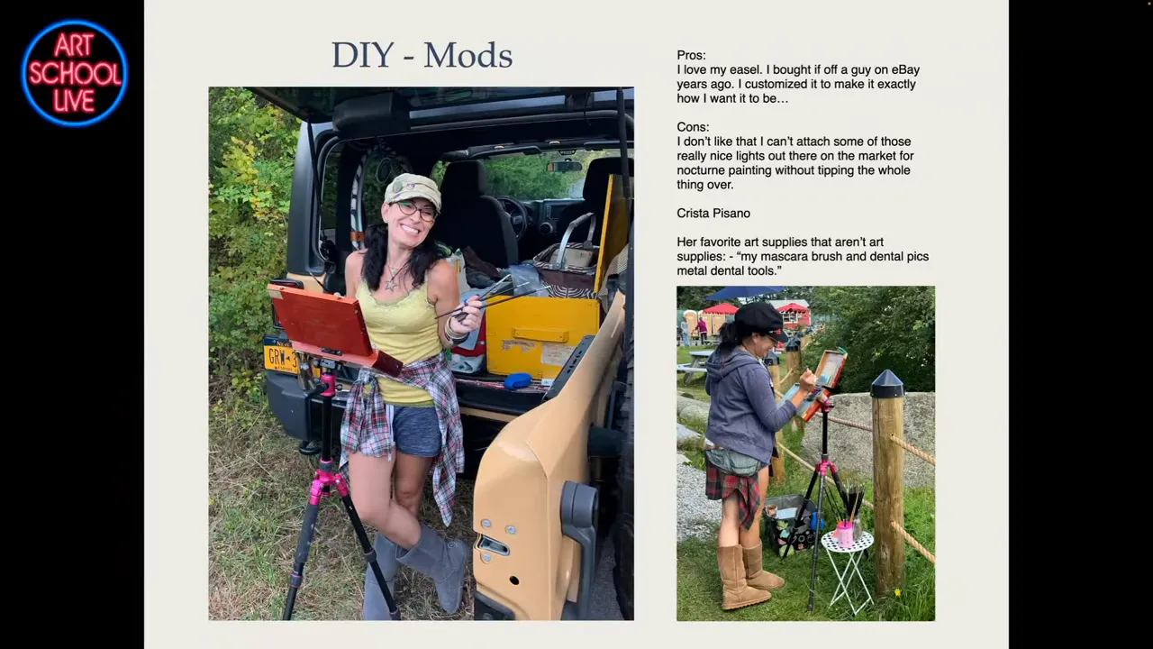 Artist standing by an open vehicle using a modified travel easel mounted on a pink tripod with an attached wooden box