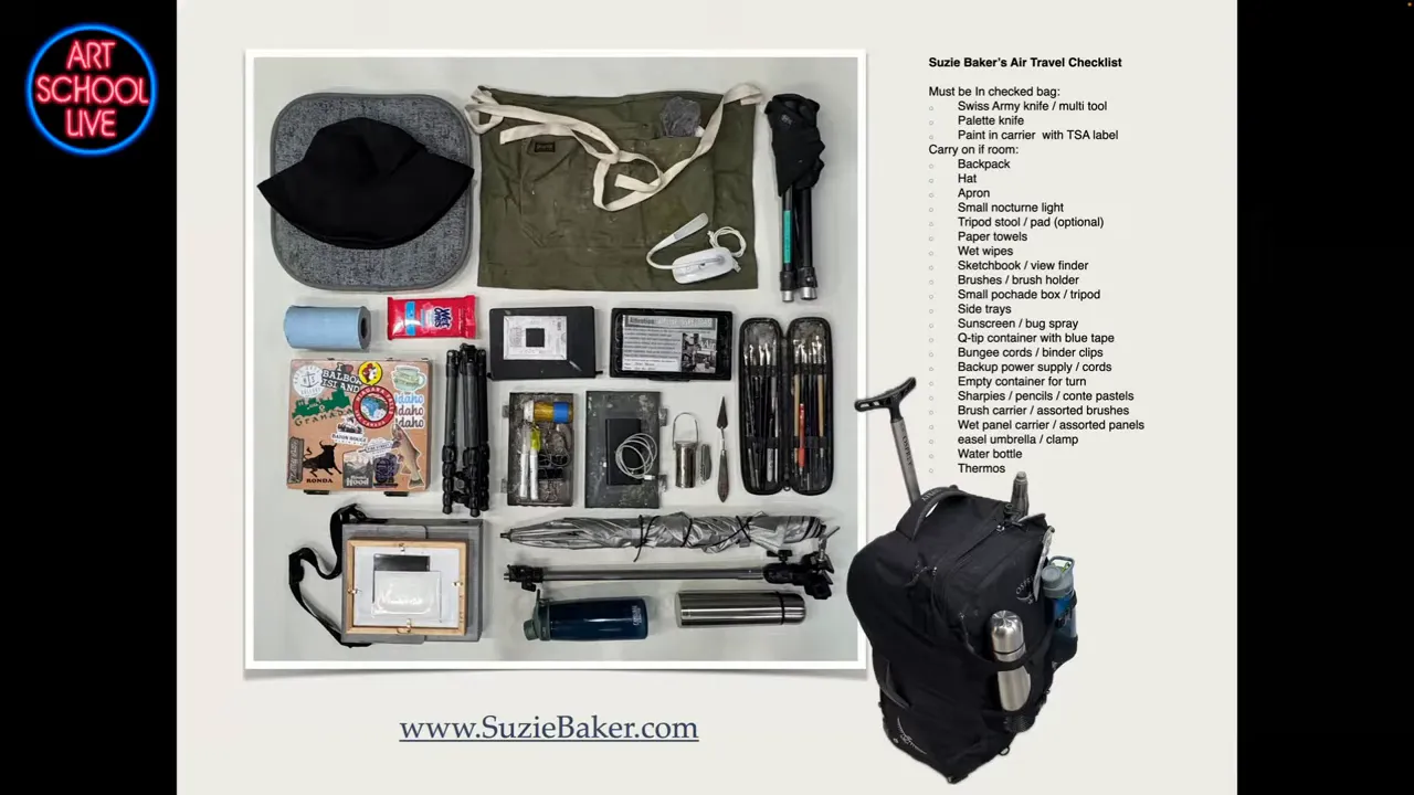 Flat-lay of a plein air travel kit with brushes, tripod, palette, padded tube carrier and backpack beside a printed checklist.