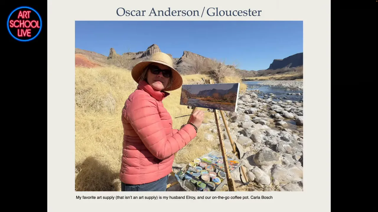 Artist painting outdoors using an Oscar Anderson Gloucester easel beside a rocky river with palette and paints visible