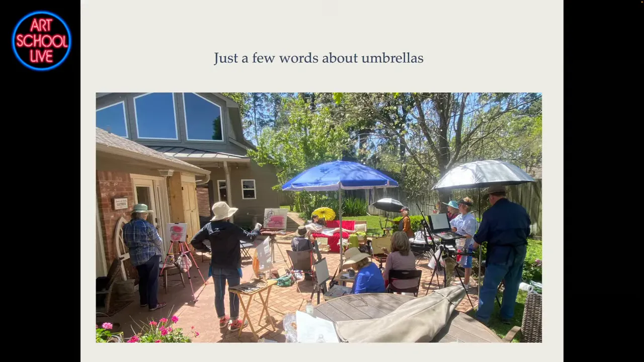Outdoor plein‑air painters working under several umbrellas and parasols to control light and wind