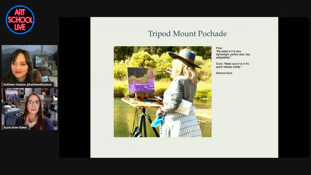 Slide titled 'Tripod Mount Pochade' showing an artist painting on a tripod-mounted pochade box by a river