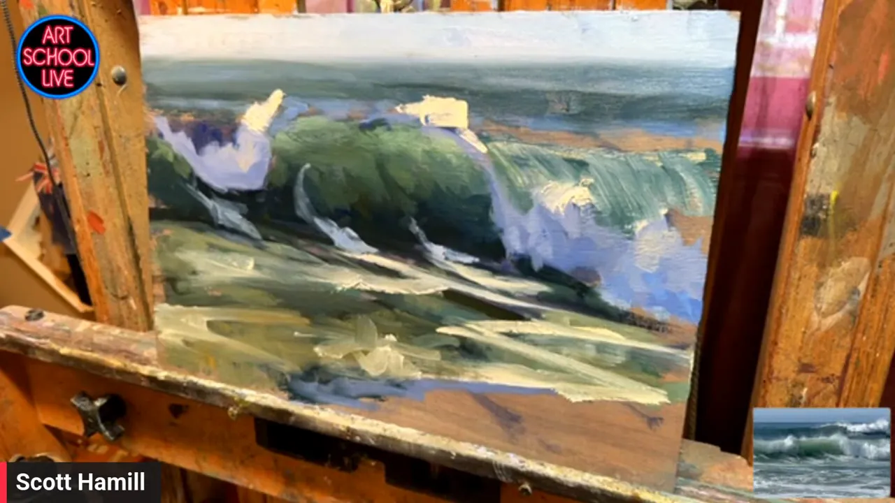 Seascape painting on an easel with a green breaking wave, pale foam, and diagonal foreground strokes