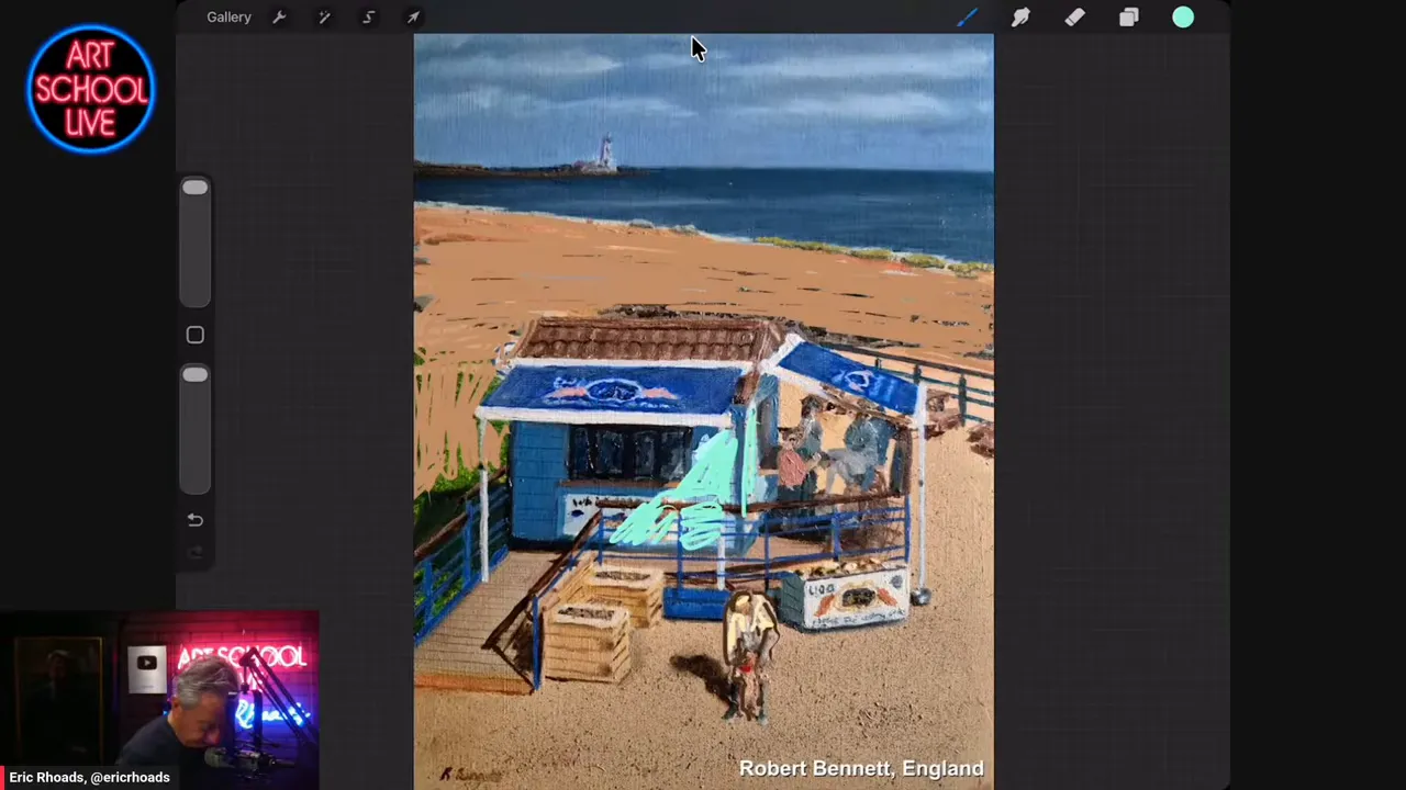 color beach shack painting with a highlighted standing figure near the foreground