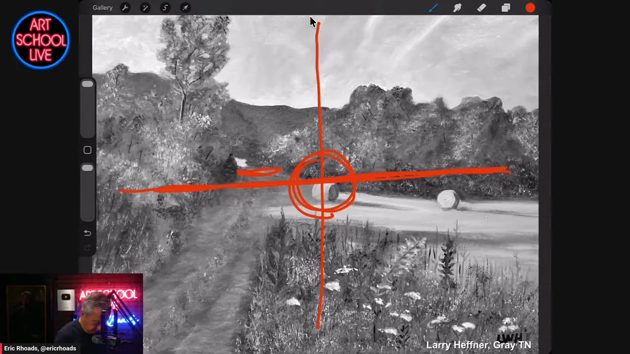 black and white farm landscape with red center and horizon guide lines drawn over it