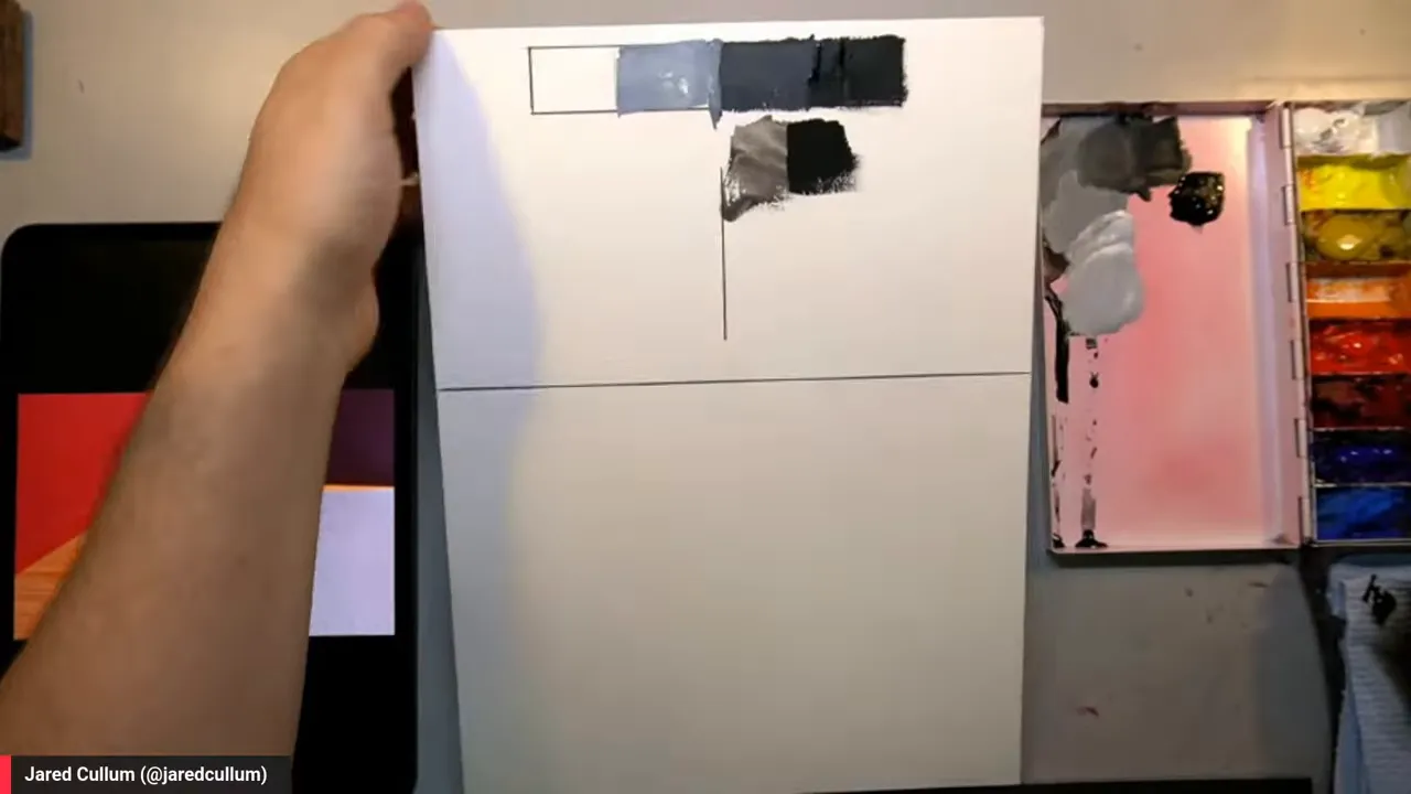 Four-value gray scale painted in boxes above a white sheet