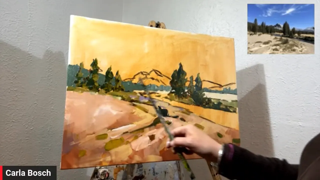 Close view of an acrylic landscape painting where the artist adjusts color on the river and shoreline