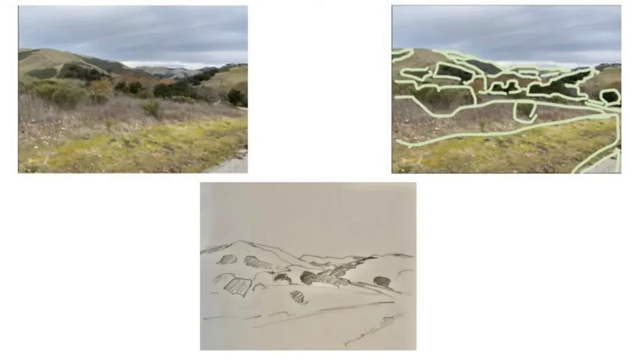 Mountain landscape reference with simplified shape diagram showing foreground to distance changes