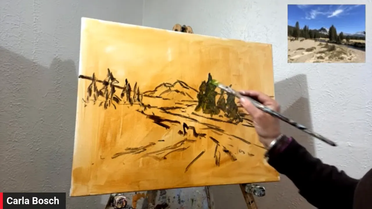 Carla Bosch painting foreground trees with a flat brush on a toned canvas