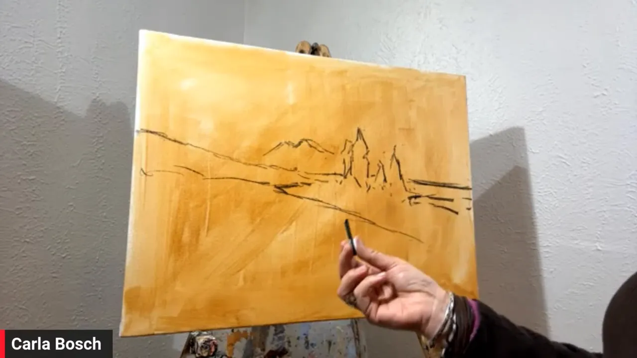 Carla Bosch sketching landscape shapes with charcoal on a warm toned acrylic painting canvas