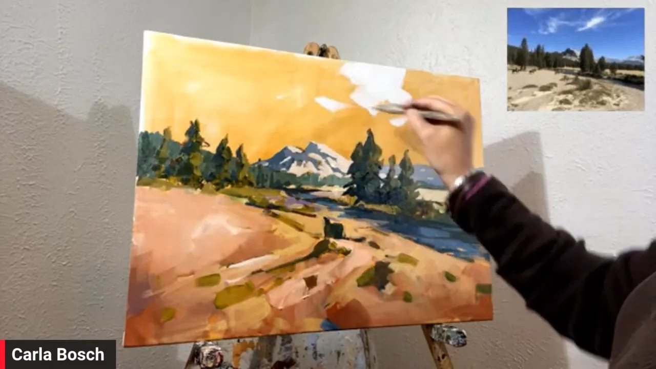 Carla Bosch painting bright cloud highlights in the sky on an acrylic landscape