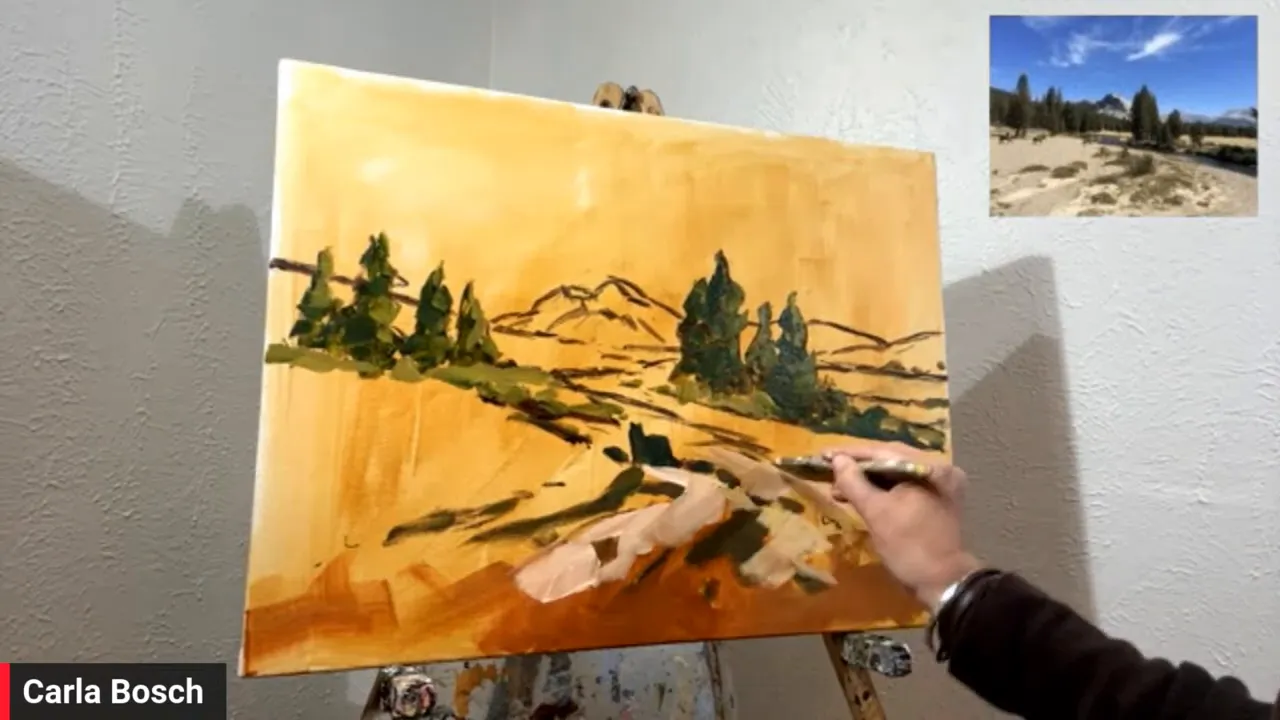 Painter adds textured foreground brush strokes on an acrylic landscape canvas