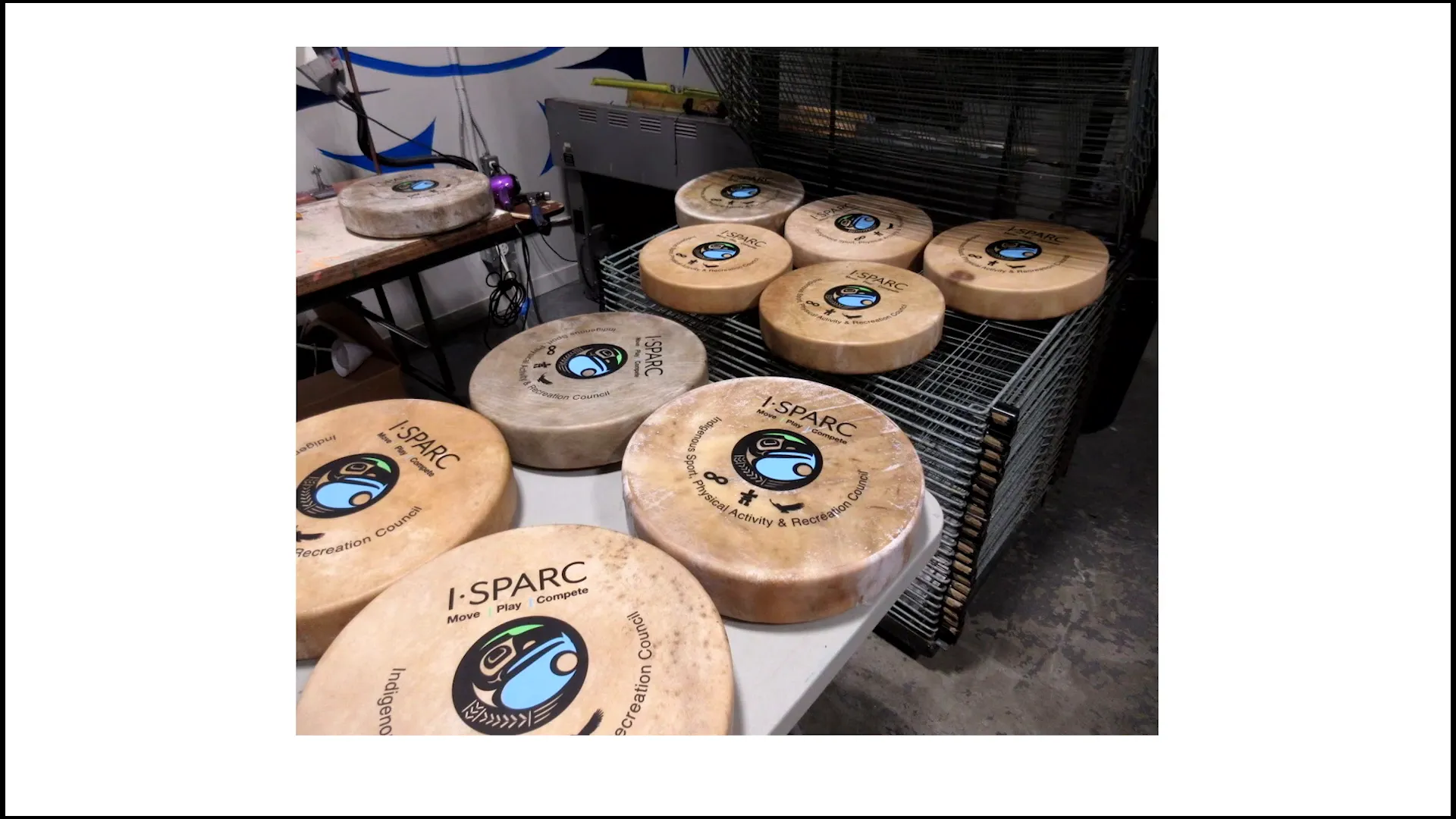Screen printed traditional native drums with multi-color designs