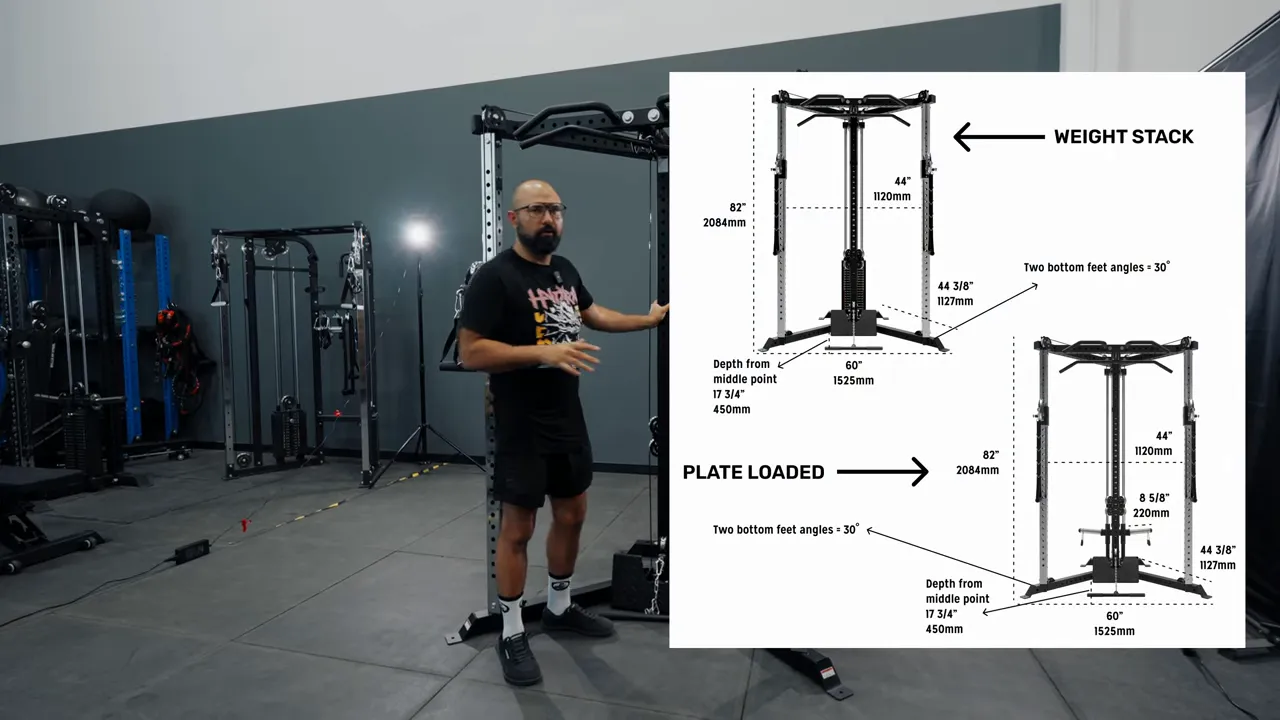 All-In-One Trainer with overlaid diagrams showing measurements and footprint for weight-stack and plate-loaded versions.