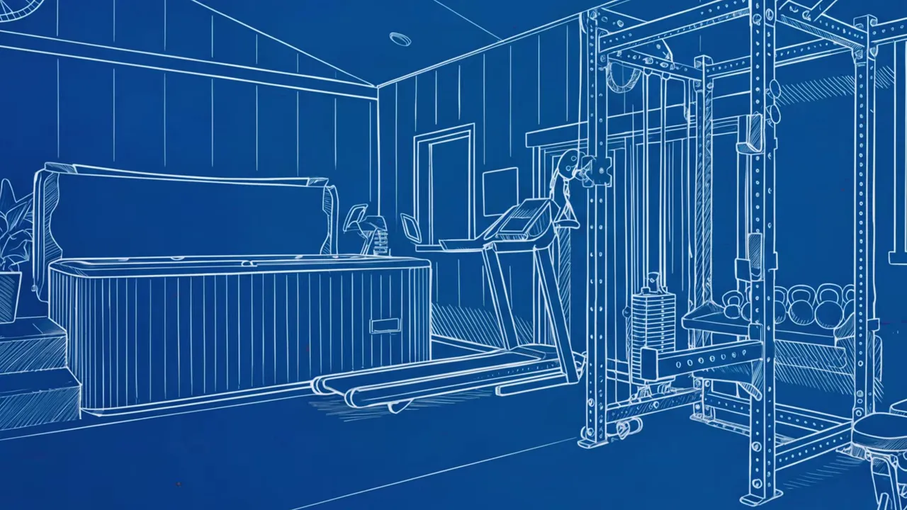 Blueprint-style full-room view of a garage gym with a hot tub, treadmill and power rack with weights.