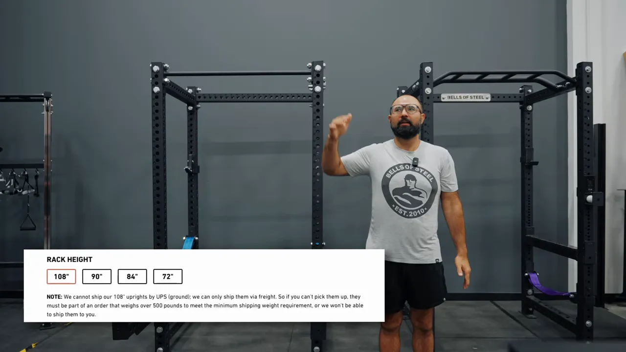 Rack height options showing 108, 90, 84, and 72 inch choices