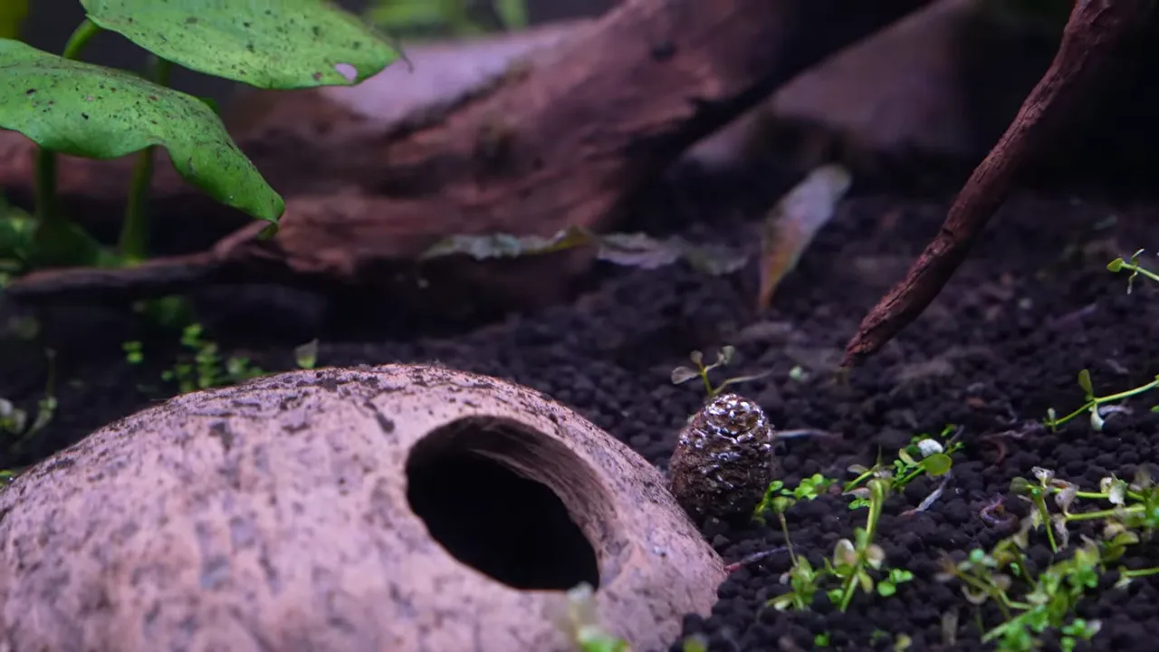 Ceramic tunnel hide on dark aquarium substrate beneath driftwood