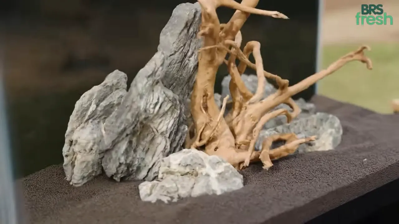 Spider wood arranged between tall grey textured stones in a glass aquarium