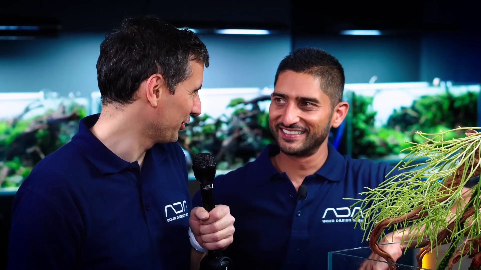 Hiten Goolab with the completed willow tree aquascape at Green Aqua Gallery