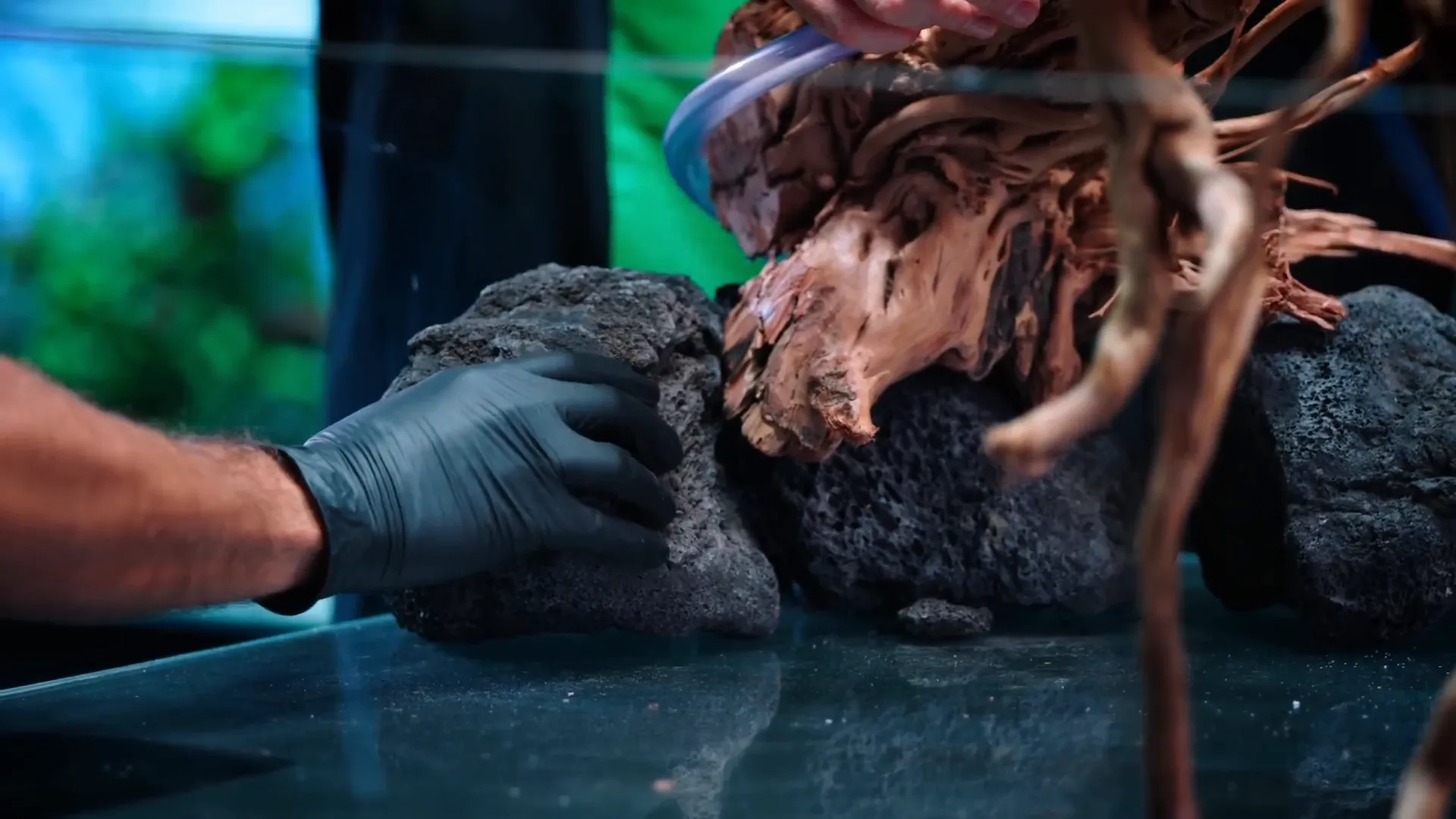 Balancing stones around the willow tree trunk base