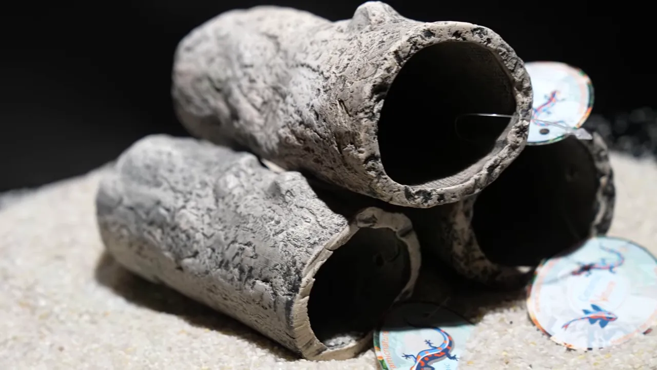 Stacked ceramic log caves with small shrimp shelters on white sand