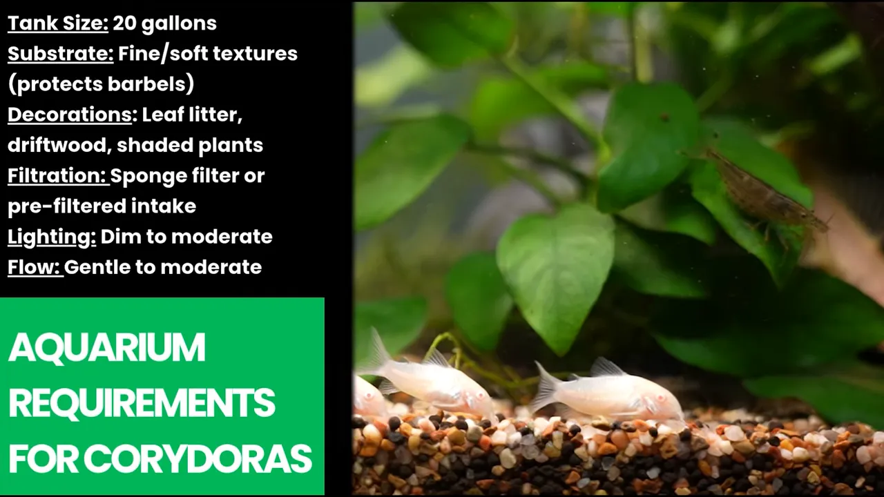 Aquarium requirements list beside pale Corydoras on planted gravel substrate