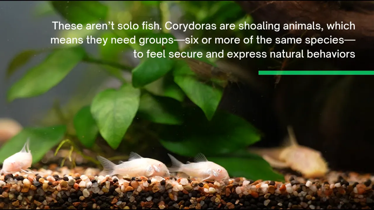 Several pale Corydoras foraging together on aquarium gravel beneath green plant leaves
