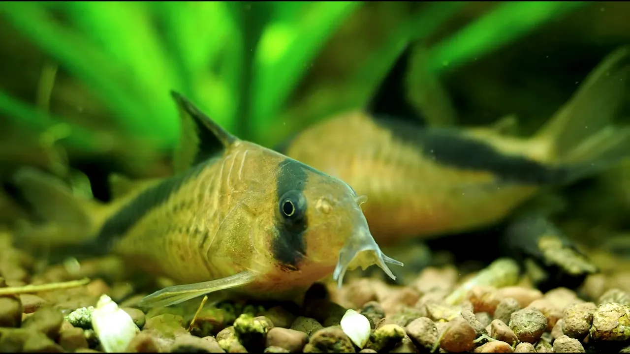 Corydoras on gravel with on-screen text warning against rough substrate