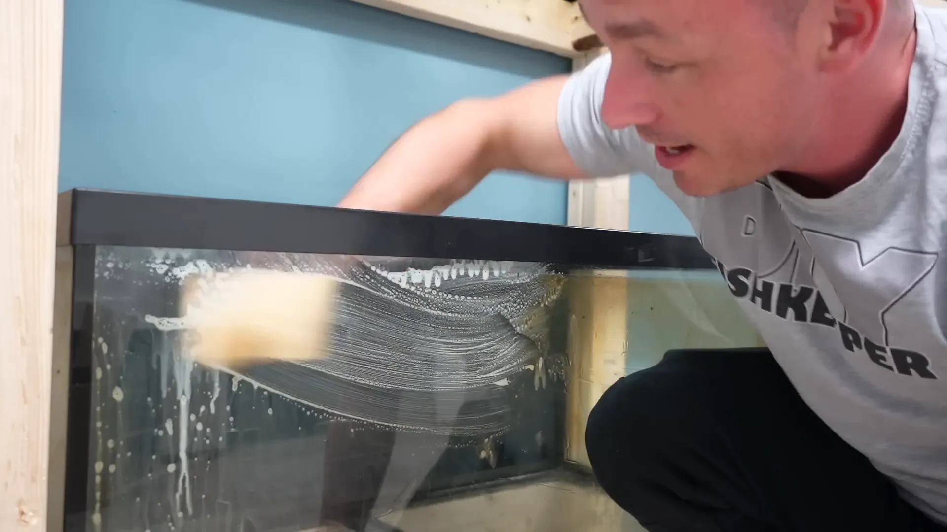 Close-up of aquarium glass with half cleaned area showing difference