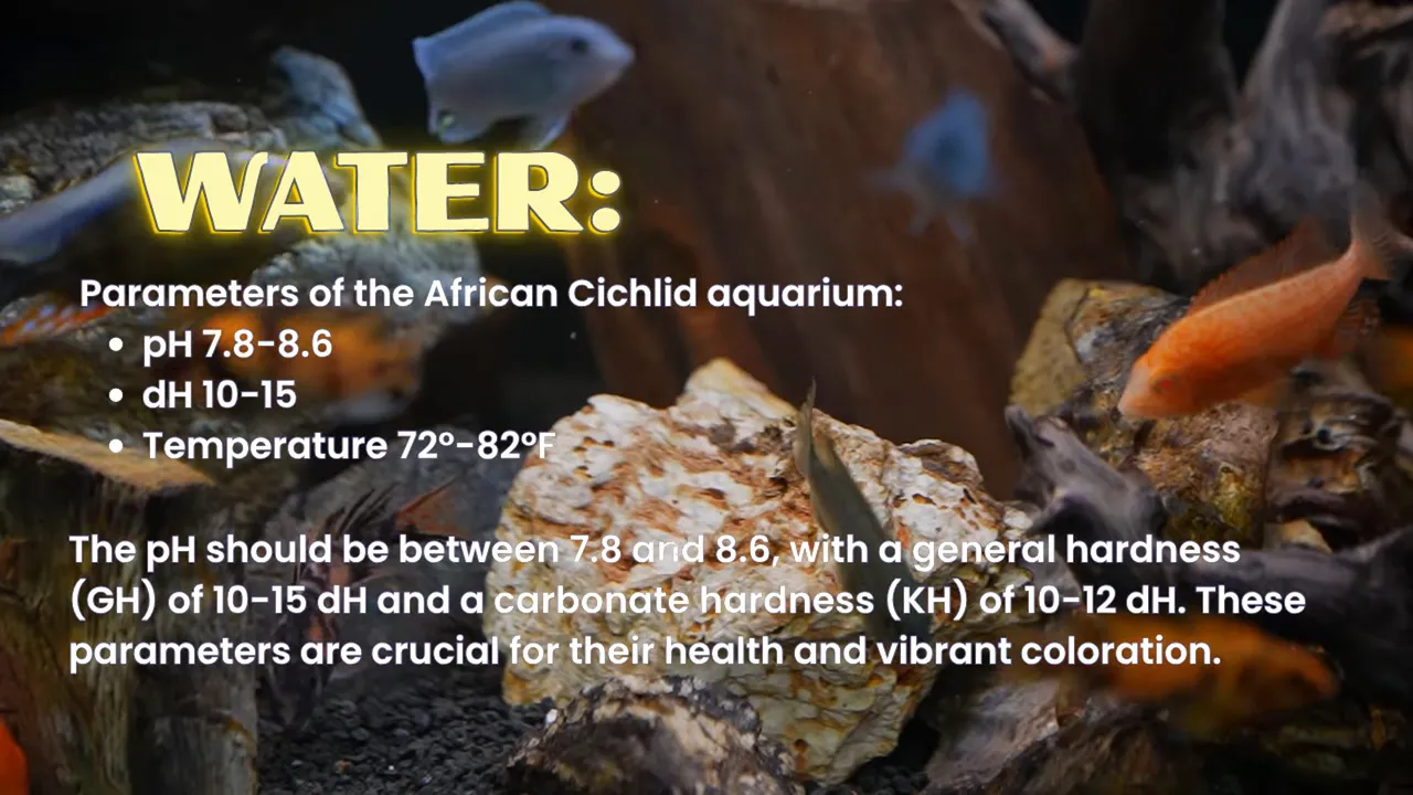 Cichlids swimming among rocks beside water parameter text