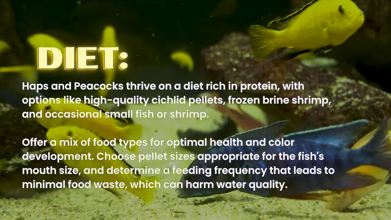 Yellow and blue cichlids feeding over sandy substrate with diet guidance text