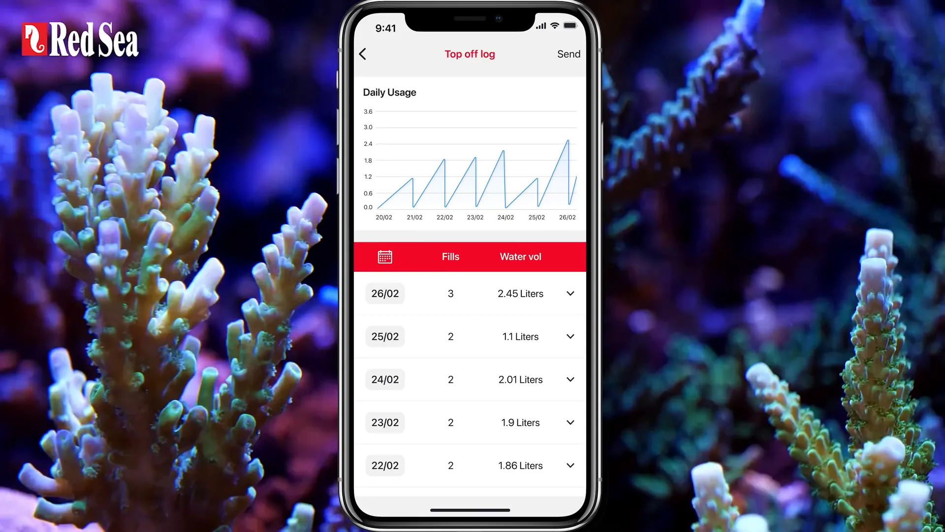 ReefBeat app showing top-off log and reservoir volume