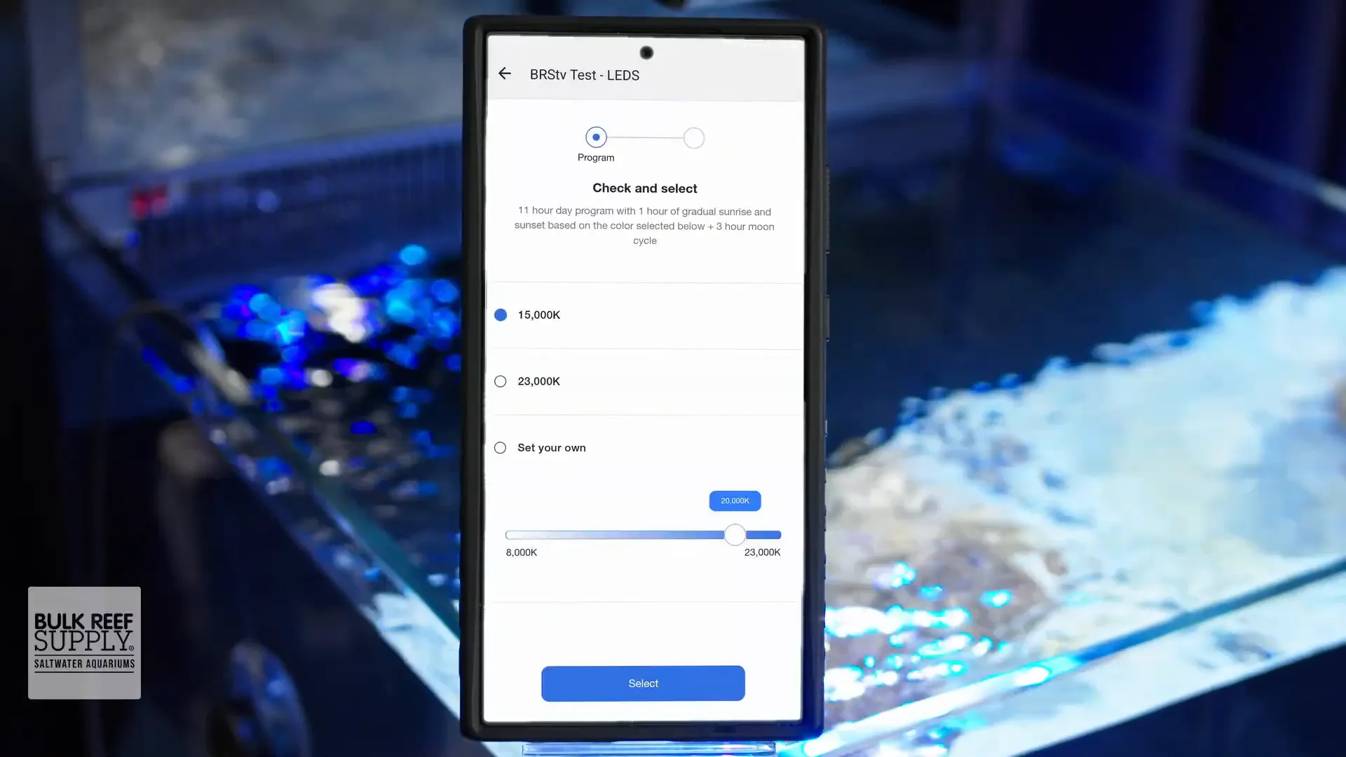 App interface showing Kelvin slider and preset selection