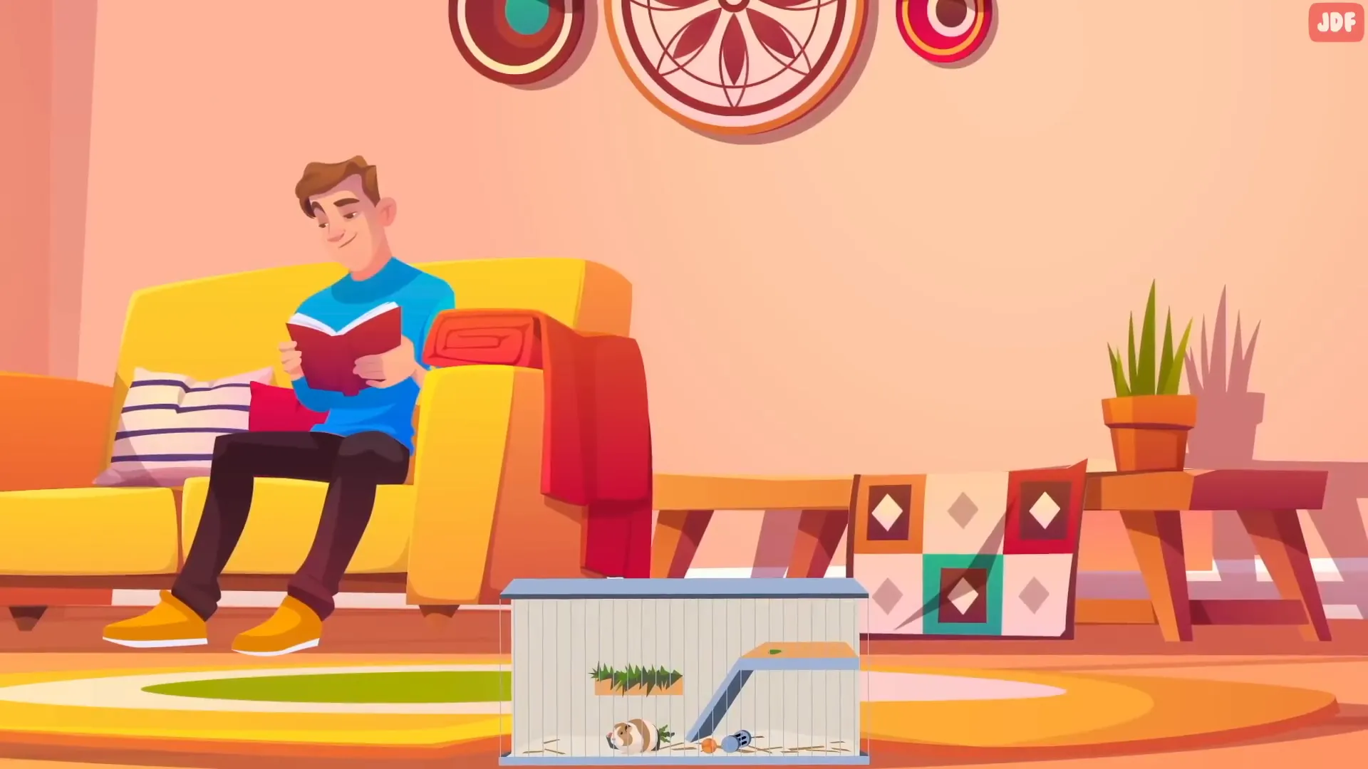 Guinea pig enclosure with hide box in a quiet room