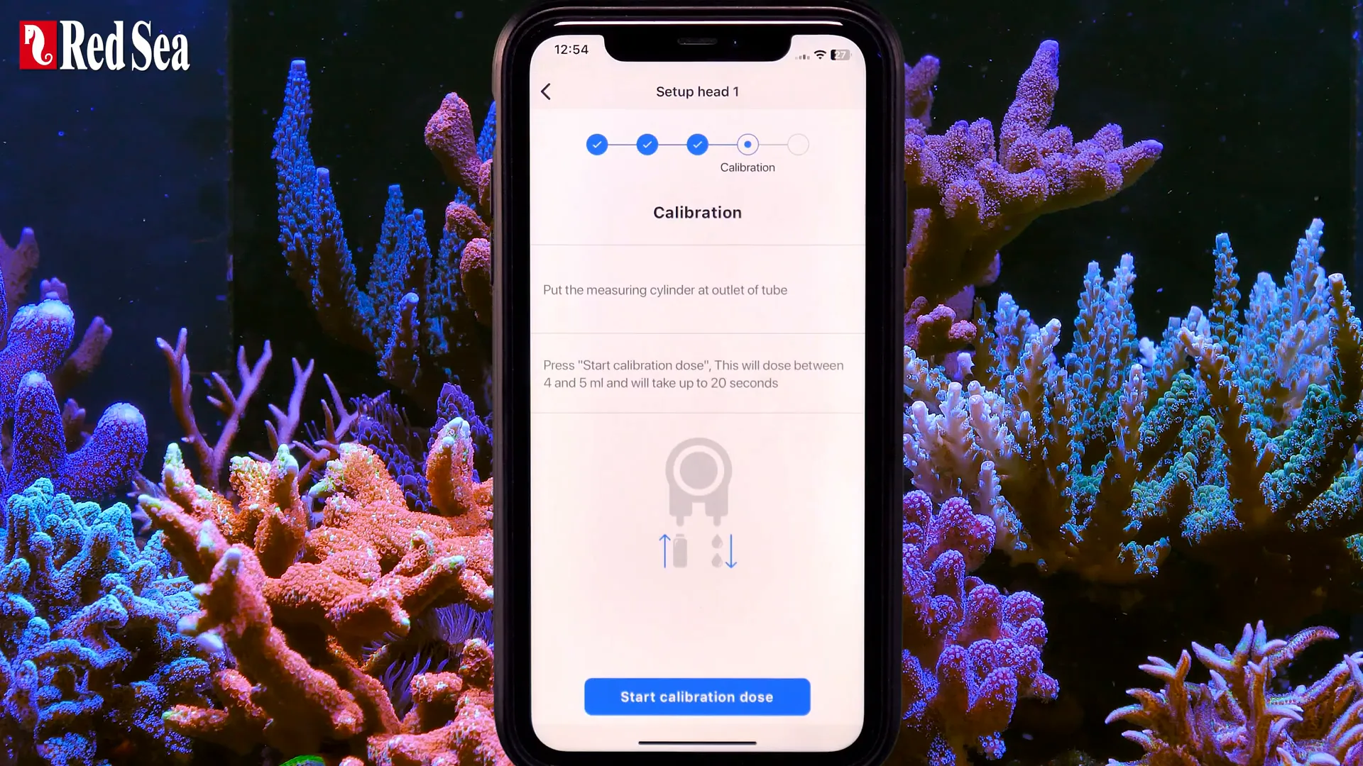 Calibration process on ReefBeat app with measuring cylinder