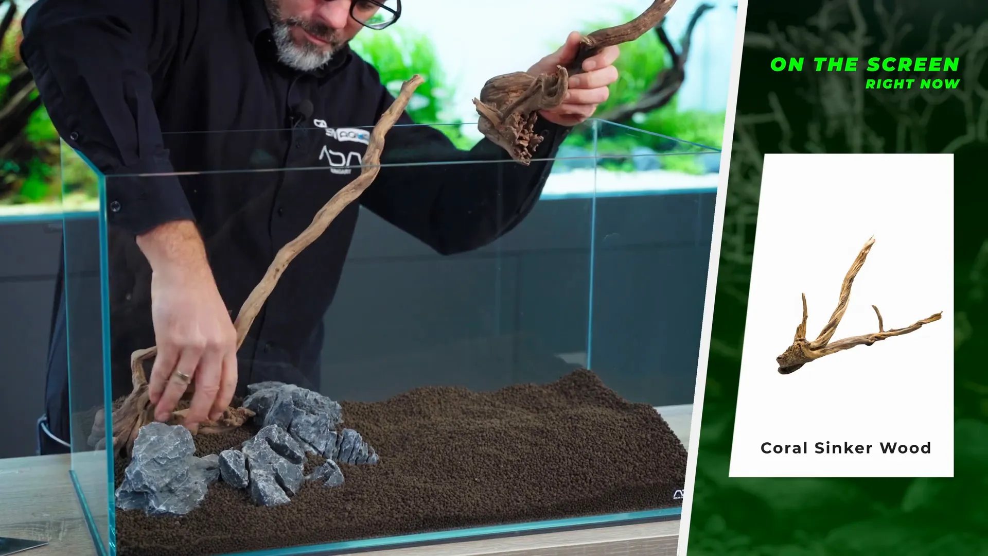 V-shaped hardscape layout with wood and stones