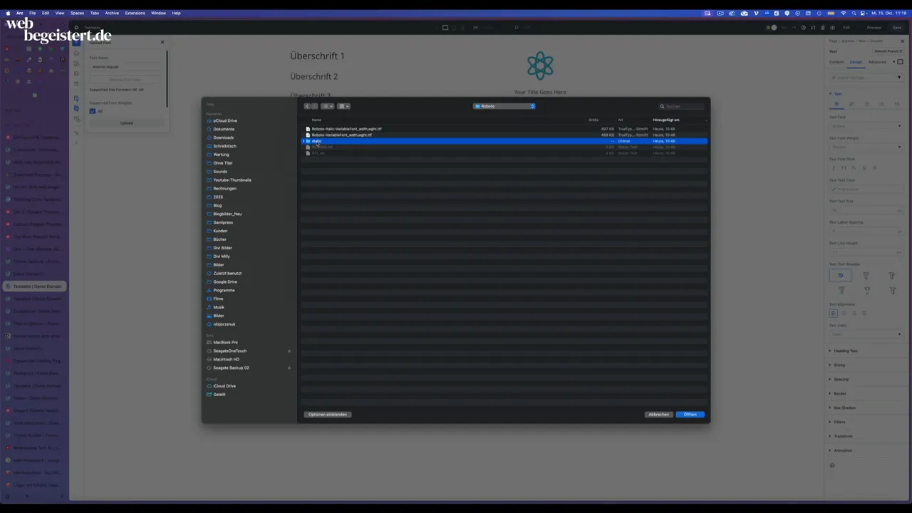 Divi Builder Font Upload Dialog zum Hochladen von Custom Fonts
