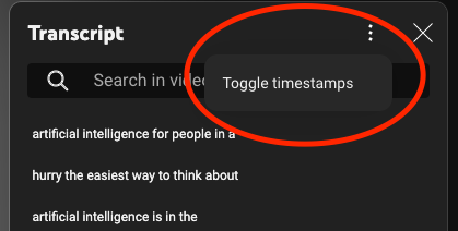 Screenshot showing how to toggle timestamps on YouTube transcript