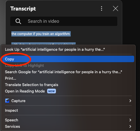 Screen shot showing how to highlight and copy YouTube transcript