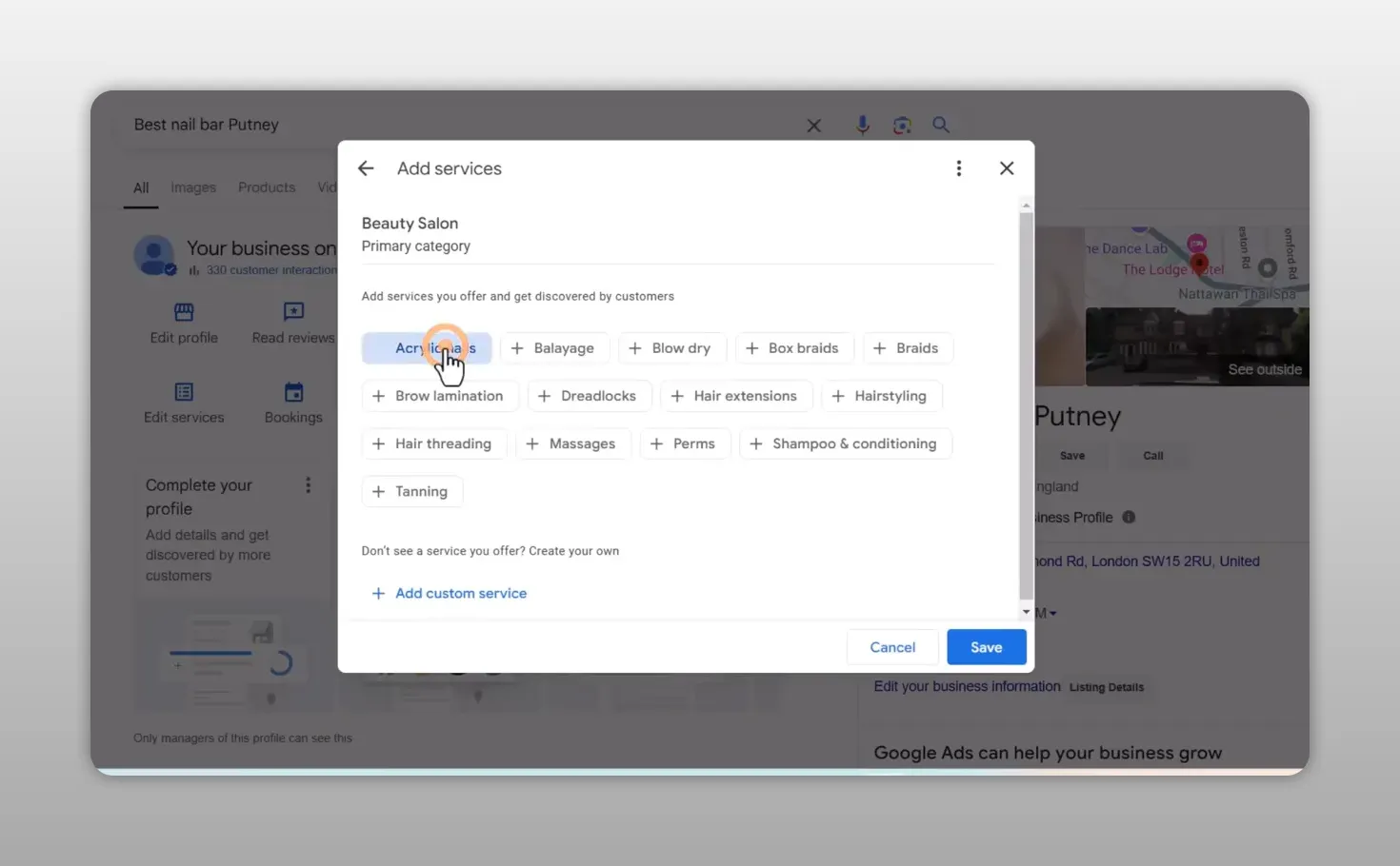 Cửa sổ thêm dịch vụ trong hồ sơ doanh nghiệp Google với danh sách dịch vụ được chọn