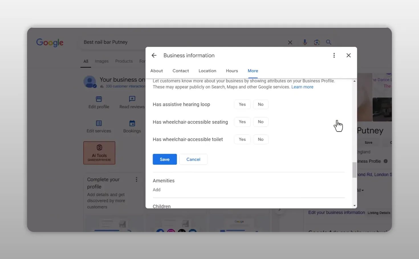 Cửa sổ chỉnh sửa thông tin doanh nghiệp Google hiển thị các thuộc tính hỗ trợ tiếp cận