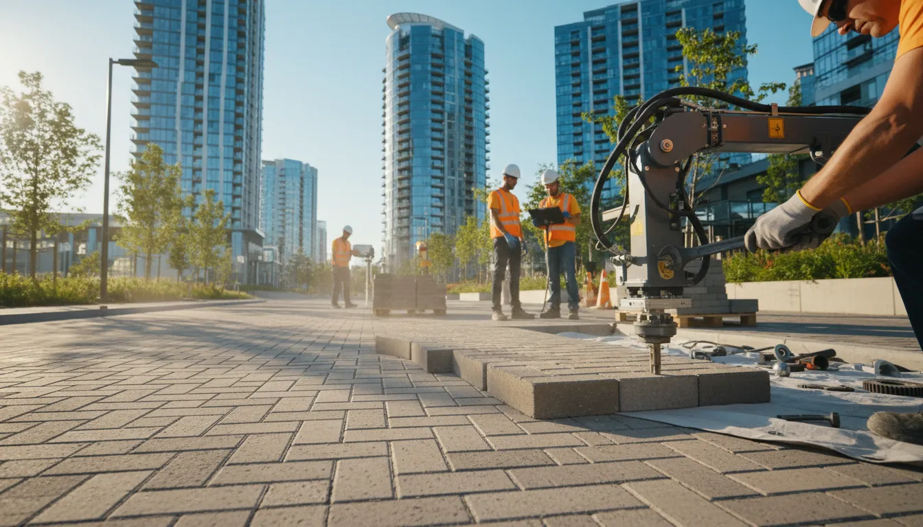 عمال يركبون بلاط أرصفة بتقنية ماكينة أمام خلفية مدينة جديدة حديثة، مع قطع غيار ومعدات صيانة