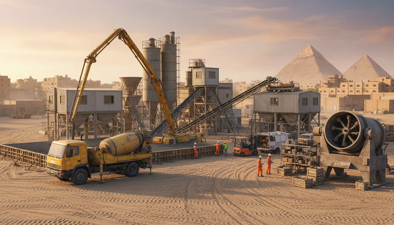 مشهد احترافي لموقع خلط ومضخات خرسانة في مصر يضم مضخة خرسانة ومحطة خلط متنقلة ومكسر صناعي وفريق صيانة أثناء العمل في ضوء الشروق، يعبر عن حلول معدات خرسانة متكاملة