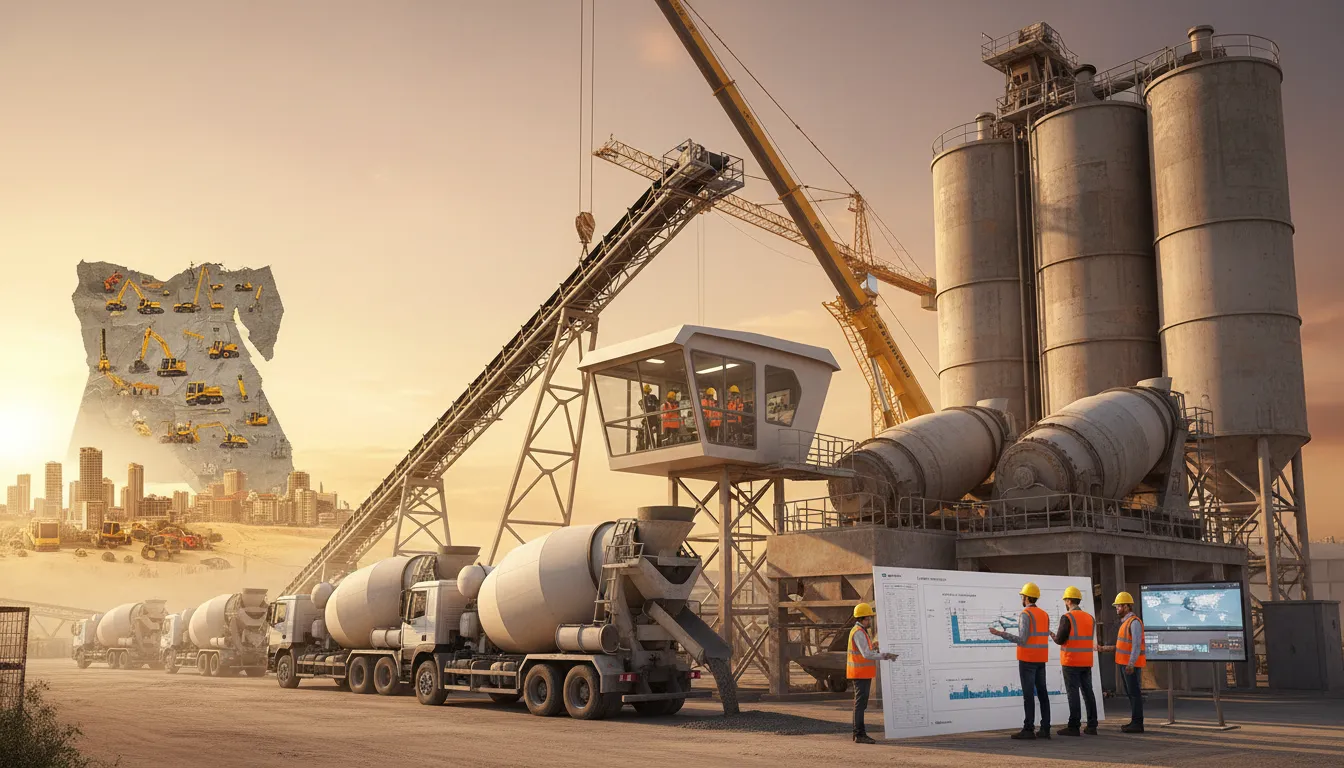 مصنع خلط خرسانة حديث مع صوامع وسيور وشاحنات خلط وتقنيون بقبعات واقية، وخلفية فنية تُظهر شكل مصر مدمج بملمس الخرسانة، صورة فوتوريلية نهارية بدون كلمات
